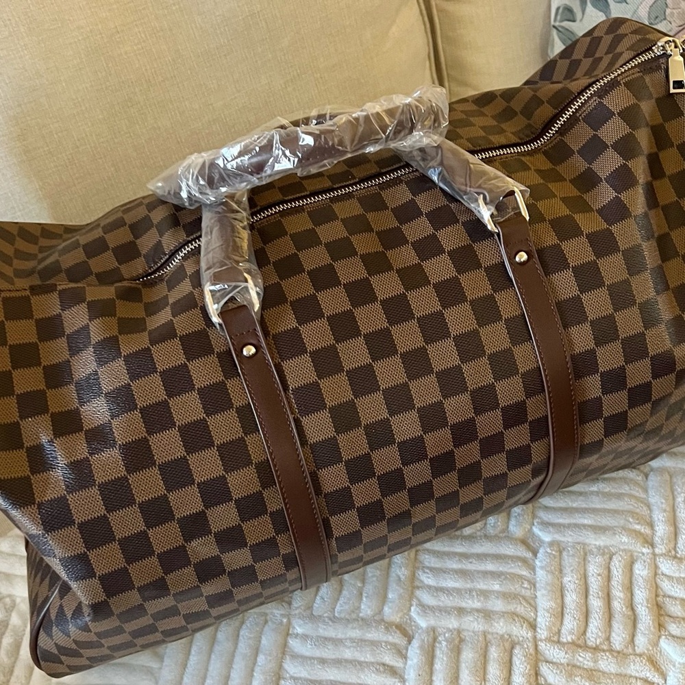 Brown Checkered Men's Travel Bag duffle style